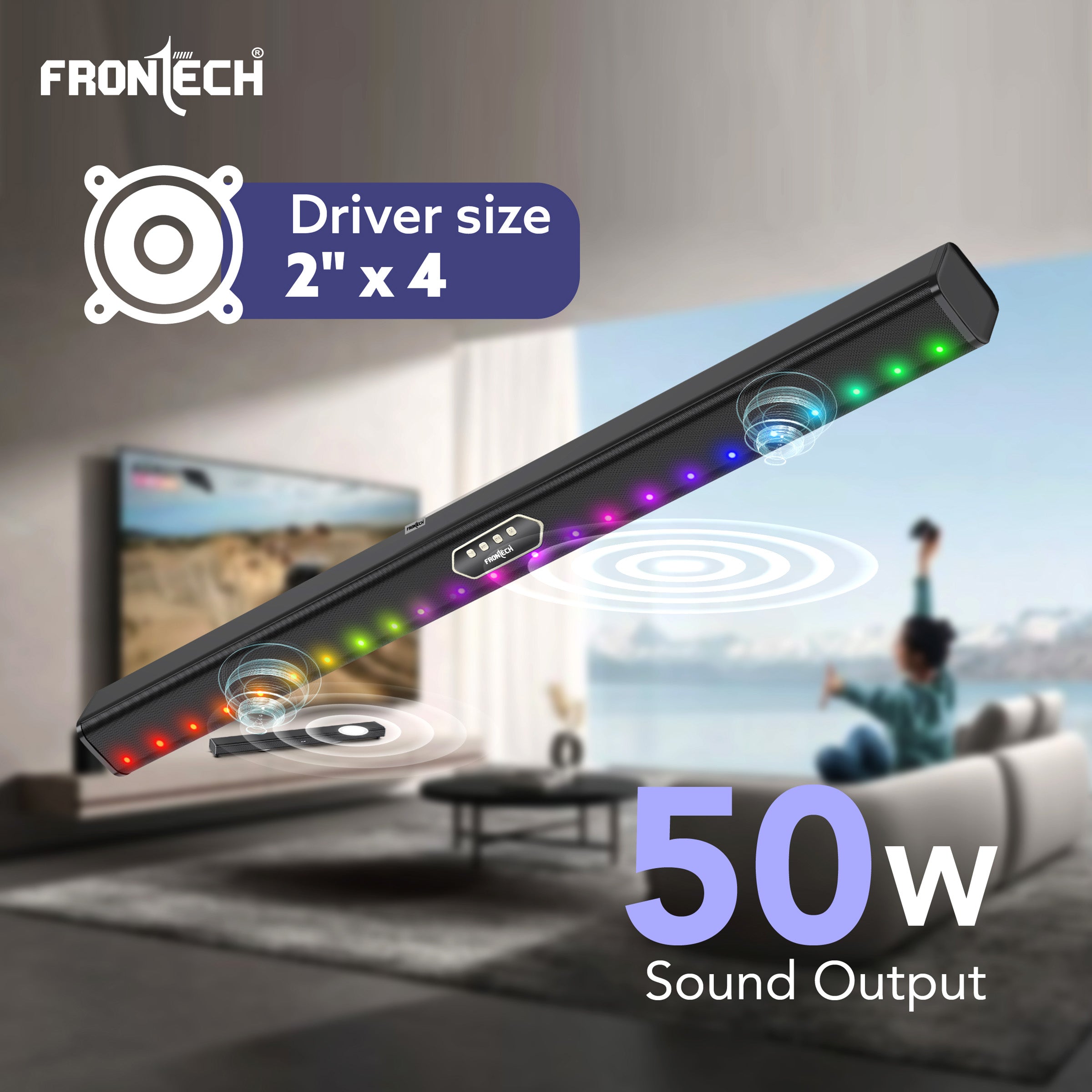 Frontech ECHOBAR | 50W | Bluetooth 5.3 Soundbar with RGB LED Lights | 2400 mAh Battery | AUX/USB/TF/Coax Inputs | Wall Mountable | Portable Speaker for TV, PC & Gaming (SW 0194 ) Frontech ECHOBAR | 50W | Bluetooth 5.3 Soundbar with RGB LED Lights | 2400 mAh Battery | AUX/USB/TF/Coax Inputs | Wall Mountable | Portable Speaker for TV, PC & Gaming (SW 0194 )